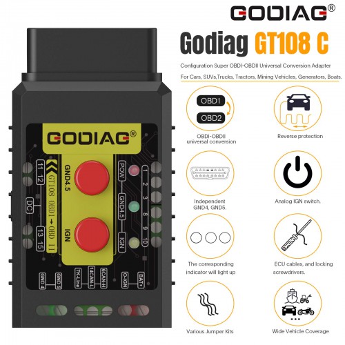 GODIAG GT108 Super OBDI-OBDII Universal Conversion Adapter For Cars, Trucks, Tractors, Mining Vehicles, Generators, Boats, Motorcycles