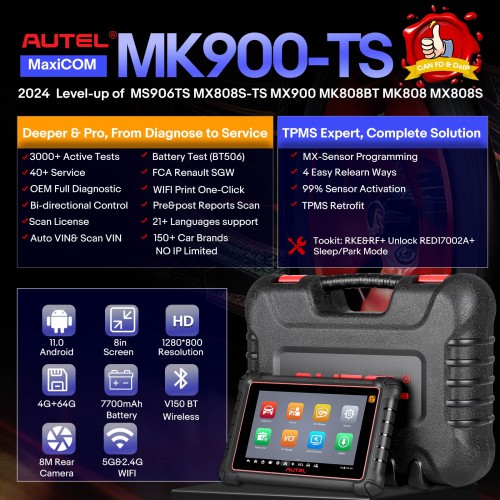 2024 Autel MaxiCOM MK900TS MK900-TS Wireless TPMS Diagnostic Tool with Android 11.0 OS Support DoIP/CAN FD Protocols Up of MS906TS MK808S-TS MX808S-TS